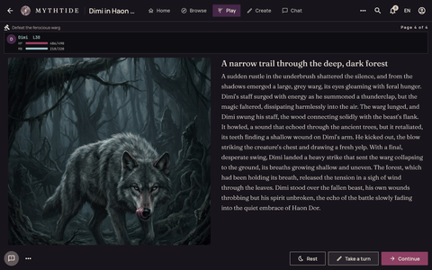 A Story Adventure page: a grey warg in a dark forest beside the storyteller's words