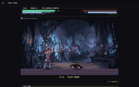 Pixel Clash: a knight stands over the fallen Guardian Vampire, K.O.