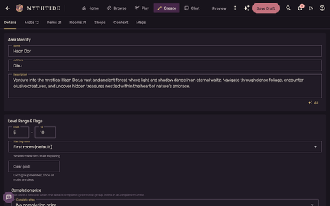 The area editor: Haon Dor's name, description, level range and prizes